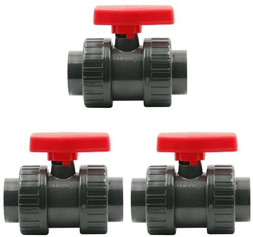 HAF 3X PVC 2 Wege Kugelhahn Roter Griff mit 50mm x 50mm | Klebemuffe x Klebemuffe | Absperrhahn aus grauem PVC-U | PN16 für Poolfitting, Pool, Schwimmbad, Poolverrohrung, Druckleitung, Rohrleitung