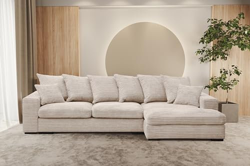 Kaiser Möbel - Ecksofa mit Schlaffunktion und Bettkasten, Wohnlandschaft L-Form, Schlafsofa, Klappsofa, Bequemes Couch mit Ottomane für Wohnzimmer, Relaxsofa, Zoom Stoff, Gabon, Creme, Rechts