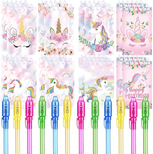 REAGAR Einhorn Party Geschenke, 12 UV unsichtbar und 12 Einhornr Notizbuch, Einhorn Geburtstag Geschenke für Kinder
