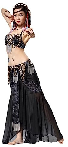 Schwarzes Bauchtanz-Kostüm, Tribal-Modell-Set für Damen, sexy Tribal-Profi-Tanz-Outfit, Karneval, BH-Gürtel, Schwarz, Klein