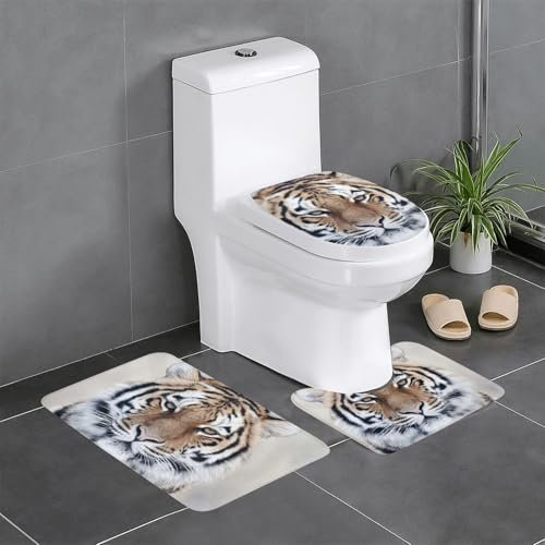 FLYIFE Badematten-Set mit Tiger-Motiv, 3-teilig, Flanell, rutschfest, wasserabsorbierend, mit U-förmiger WC-Vorleger und WC-Deckelbezug