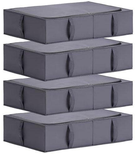 TYEERS Caja de Almacenaje Bajo la Cama con Tapa, Tela Duradera, Lavable, Plegable, Organizador Armario para Ropa, Mantas, Sábanas, Zapatos, 70x42x18 cm, Paquete de 4, Gris Oscuro