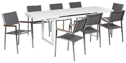 Beliani Gartenmöbel-Set für 8 Personen mit mit Ausziehbarer Esstisch aus Aluminium, Edelstahl, in Weiß/Grau Valcanetto/Grosseto