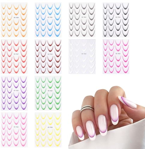 12 Stück French Tip Nagelsticker Selbstklebend Nagelsticker Set, Bunte Französische Linien Gradient French Maniküre Nail Art Stickers
