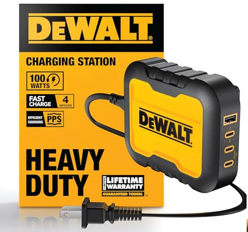 DEWALT Heavy Duty 4 Port USB C Charger Block, 100W USB C Charger Intelligent Power Sharing, 6ft Power Cord, Charge 4 Devices Compatible w/DEWALT 20V Batteries, Perfect for Work Tables & Jobsites