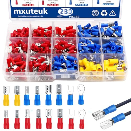 Mxuteuk 300 Stück Elektrischer Steckverbinder Kit 22-10AWG mit 16 Arten Crimp Terminals für Spade Ring Fork