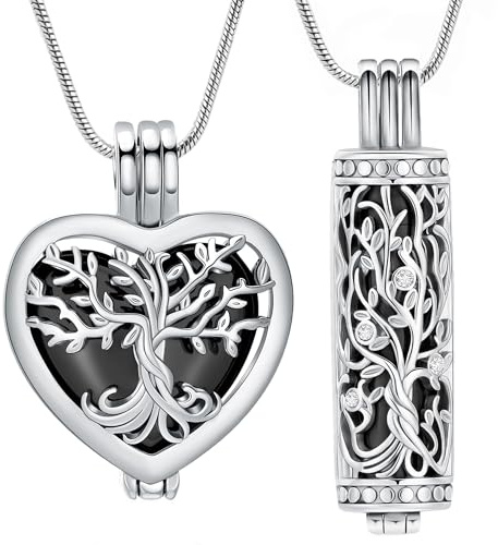 VCCWYQK Collar de urna de árbol de la Vida para Cenizas de cremación con Botella Hueca, Cilindro Keepsake Memorial Lockets Ceniza Titular para Mujeres Hombres Mascotas