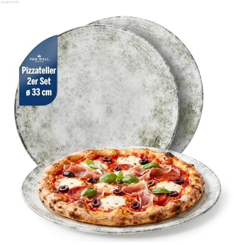 Van Well italienische Pizzateller groß ø 33cm weiß – Porzellan XL Teller für Pizza, Pasta & Salat – Mikrowellen geeignet, spülmaschinenfest, gut stapelbar (Korfu, 2 Teller)