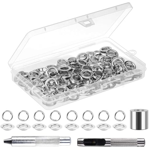 Eyelet Punch Kit, 120Pcs 6MM Grommet Set, Grommet Tool Kit, Eyelets and Punch Metal Eyelets Kit with Storage Box, Eyeletss for Canvas Tarpaulin Leather Tent Awning DIY Craft Fabric