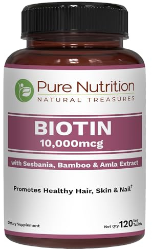 Pure Nutrition Biotin 10000mcg with Sesbania, Bamboo & Amla Extract | 120 Tabs | Natural Biotin 10000mcg Supplement | Non GMO | Gluten Free