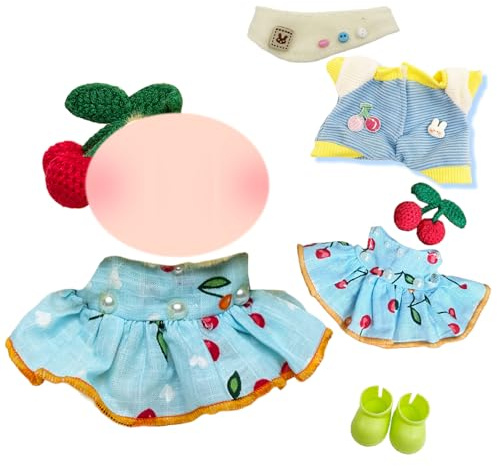 Xerteam 2 Sets 17cm Puppe Kleidung, 1 Rock+1 Kirschhaarnadel+1 Einteiliger Pullover+1 Paar Schuhe+1 Lätzchen, Süßer Sommerstil Bekleidung, Lieblingsgeschenk Kinder(Blau)