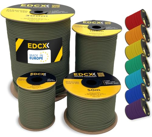 EDCX 4mm Nylon Paracord 550 15, 30, 50, 100 and 300m (50-1000ft) | Ideal for Camping, Survival, Outdoor, Crafting, DIY | 100% Nylon Rope 4mm | Paracord 550 Type III in Solid Colors