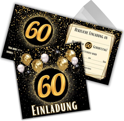 JOCERO Einladungskarten 60. Geburtstag – 12 Stück mit Umschlägen – Quadratisch 12x12 cm – Einladungen zum 60. Geburtstag für Männer & Frauen