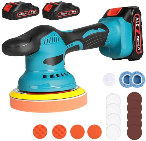 Polisseuse sans fil, 21V Lustreuse Polisseuse Voiture Sans Fil avec 2 batteries, 6 vitesses variables, 2800-6000 tr/min, 125mm-150mm, pour Détails Voiture, Polissage, Cirage
