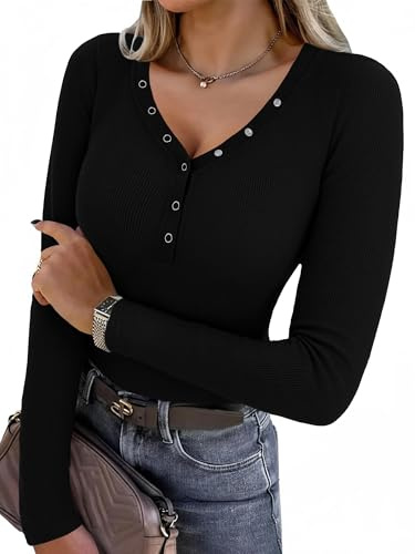 Aottori Maglia Donna Manica Lunga Scollo a V con Bottoni Costine | Maglietta Slim Fit, Basic Tops, Aderente, Elasticizzato, T-Shirt Elegante, Sottogiacca Tinta Unita, Casual