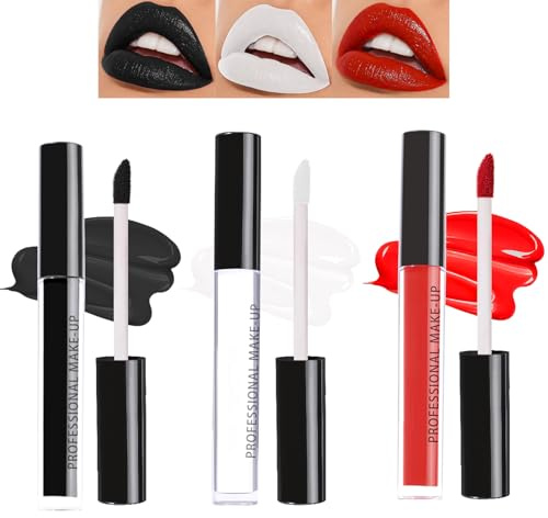 Flüssiger Matt Lippenstift Set, 3PCS Lipgloss Schwarz Rot Weiß, Langanhaltend Liquid Lipstick mit Kussechter, Wischfest Lipliner für volle Lippen, Halloween Lippen Make Up Stift, Intensiver Farbabgabe