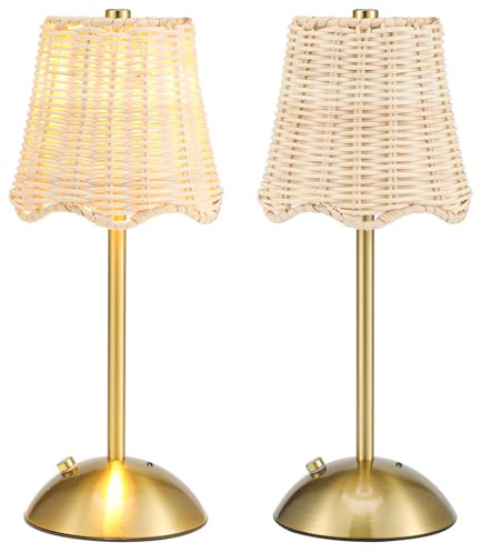 Grinsvalley 2 Pack Woven Table Lamp 12 Inch Portable Cordless Table Lamp Rechargeable Gold Bedside Light with Woven Rattan Shade for Bedroom Living Room Dining