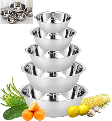 Yitobici Edelstahl Schüssel Set 5-teilig, Salatschüssel mit Skala, Rührschüssel Servierschüssel Stapelbar,Rührschüssel Edelstahl mit Flachem Boden, Schüsseln für Küche Backen Salat