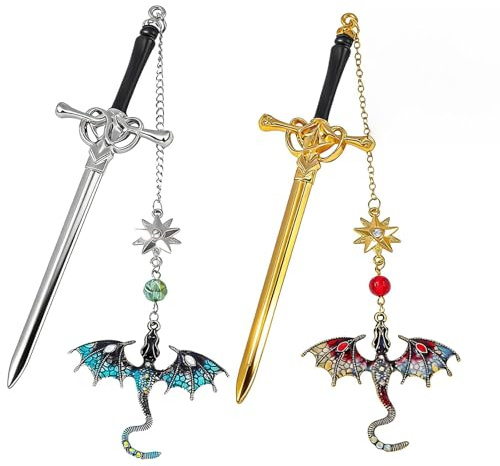 Itoyx 2 Stück Personalisierte Drache Schwert Lesezeichen,Fantasy-Lesezeichen mit Drachenanhänger, einzigartiges Geschenk für Bücherliebhaber, Antik-Stil, Hellblau & Rot