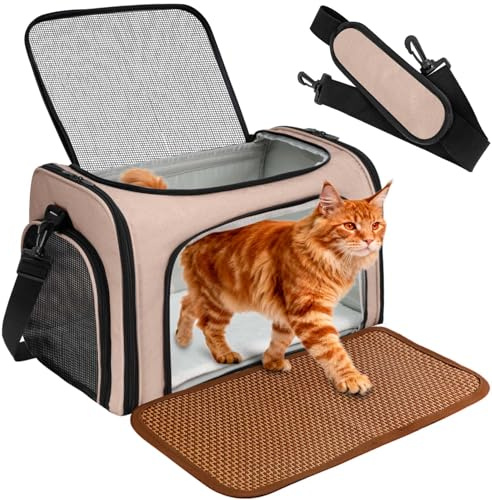DSDCDJ Katzentransportbox, Faltbare Transportbox Katzen und Hunde mit Plüsch-Einlage und Kühlmatte aus Strohgeflecht – für alle Jahreszeiten geeignet, Ideal für Der Gang zum Tierarzt Auto Fugzeug
