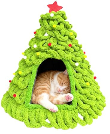 Katzenbett mit Weihnachtsbaum – Katzenbett aus Strick, 60 x 50 x 50 cm, warme Wolle, halbgeschlossener Filz | kegelförmiges Haustierhaus für Herbst und Winter