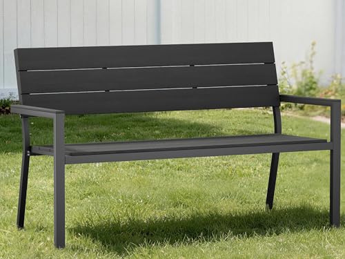 UDPATIO Gartenbank Wetterfeste in Holzoptik, Metall Sitzbank Outdoor für Balkon & Garten, Parkbank 2–3 Sitzer,Stabile Balkonbank mit Rücken & Armlehnen, Dunkelgrau