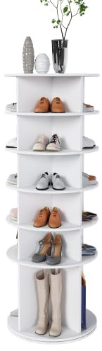 vutizal 6-Etagen Drehschuhregal mit 360° Drehfunktion für 24 Paar Schuhe – Platzsparender Schuhschrank Schmal mit extra hohem Sockel für Stiefel, Weiß, Schuhorganizer, 60×60×161 cm