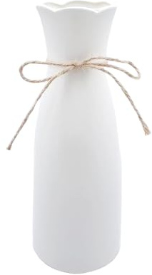 Kleine Keramik Vase Weiß, 21cm Hoch Glasur Blumenvase mit Juteschnur, Deko Vasen für Pampasgras, Boho Vase für Home Wohnzimmer Esstisch Büro Dekor