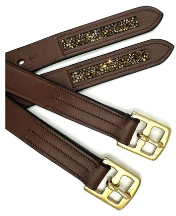 Equine Smile ES5011 Leder Steigbügelriemen Glitzersteinenr, Braun, 150 cm | Steigbügelleder Dressur Springen Riemen Steigbügel Echtleder Edle Glitzer Zubehör Reitsport Reiten