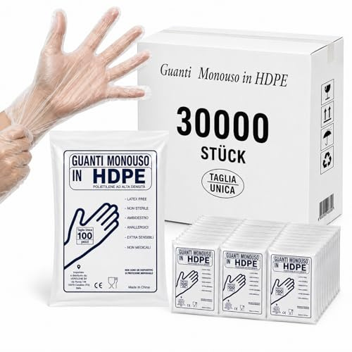 Lot de 30 000 gants jetables en polyéthylène haute densité - Transparent - Sans poudre - Gants alimentaires - Gants diesel - Gants de coiffeur - Gants de boulangerie - Résistants aux déchirures - Pour