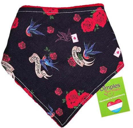 Dimples Hundehalstuch - Schwalben und Rosen schwarz rot - Halstuch für kleine mittlere und Grosse Hunde Welpen und Katzen - Rockabilly Rock and Roll Hunde Accessoire 50cm