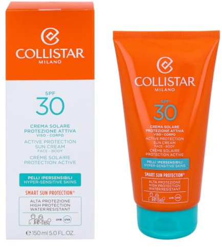 Collistar Crema Solare Protezione Attiva Pelli Ipersensibili SPF 30, Alta Protezione Viso e Corpo, Senza Profumo, Adatta Anche ai Bambini, Water Resistant, 150 ml