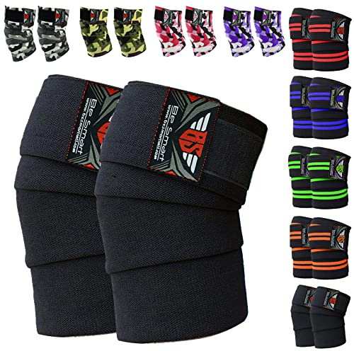 genou Wraps Bandage de levage de poids Sangles Guard Coussinets d'haltérophilie 198,1 cm Paire de 198,1 cm de long et 7,6 cm de large. Offrent une prise en charge et stabilité au genou, Homme, noir