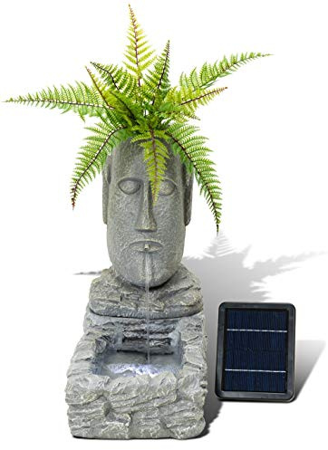 Primrose Easter Island Head Solar Water Feature Planter Lights in Grey H50cm