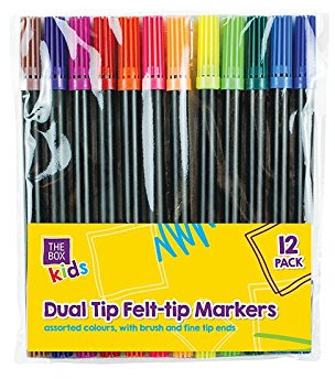 Dual Tip Felt Plastic Pens (16 cm x 1 cm) Pack of 12 - Assorted Colors with Fine & Brush Tips, Perfect for Art & Writing, Black