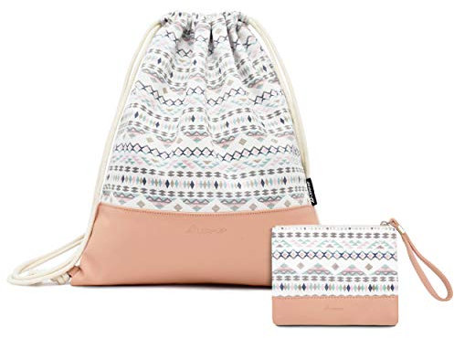 LEAPOP Rosa Gym Sack Beutel Sportbeutel Tüte Rucksack mit Innentasche und Schlüsselbund, Münzbörsen (Geometrisches Muster)