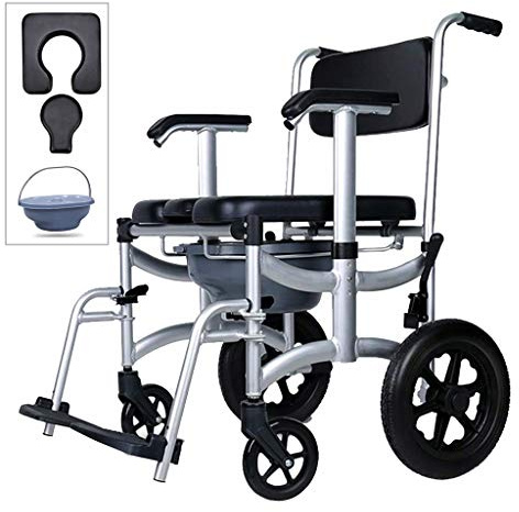 MUUL-WHCH Mobile Shower Chair, 4-in-1 Toilet Commode Wheelchair with Brakes, Removable Pedal, Adjustable Armrest, PU Backrest Cushion and Pail 330lb