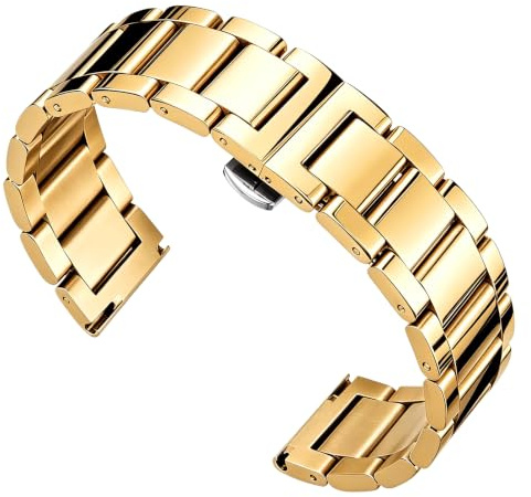 BINLUN Stainless Steel Watch Straps Thick Heavy Metal Watch Bracelets Polished Matte Brushed Finish Watch Bands Replacement for Men Women with Butterfly Clasp(Polished Gold, 24mm)