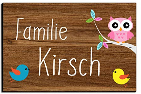 Holz Türschild mit Namen für die Haustür | Namensschild Briefkasten-Schild selbstklebend oder mit Bohrlöcher Klingelschild mit kratzfestem UV Druck | Größe 9x6 cm bunte Türschilder