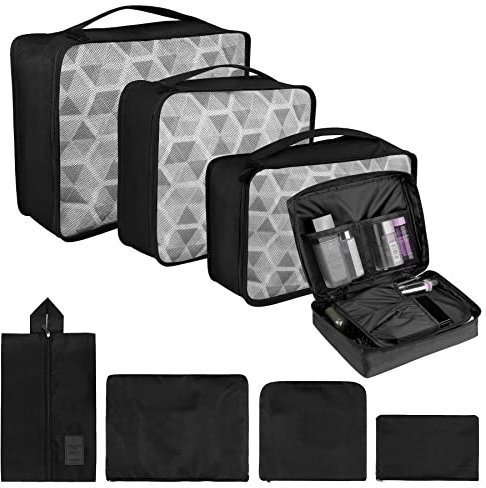 Coolzon Sac Organisateur de Voyage Pochettes de Rangement, Organisateur de Bagages Organiseur de Valise pour Sac à Chaussures Sac à Dos Vêtements sous-Vêtements, Lot de 8 (Noir)