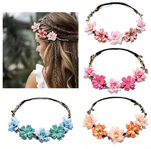 BEEK 0876 4 Stück Rose Mehrfarbig Damen Mädchen Blume Krone Floral Garland Stirnbänder mit Elastischem Band für Festival Hochzeit und Party, Acrylic