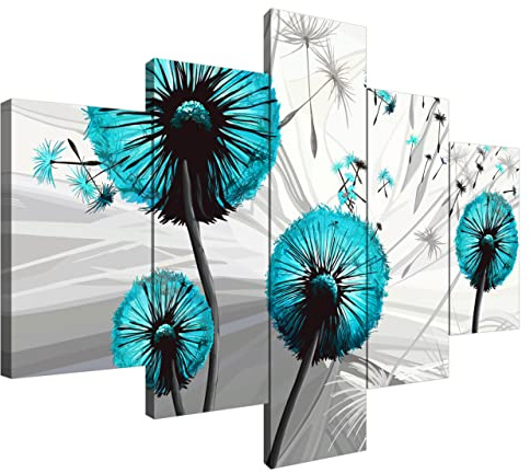 Estika Leinwand bilder - Pusteblume Türkis - 100x70 cm, 5 teilige kunstdruck - Wandbilder wohnzimmer, schlafzimmer, Moderne wanddeko, Bild auf leinwand - Abstrakt blumen bilder - 5031A_5A