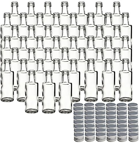 gouveo Juego de 48 botellas de vidrio Dorica de 40 ml con tapón de rosca plateado - mini botella de 0,04 l para rellenar - botellas de vidrio para licor, aceite o para manualidades (DFT040S)