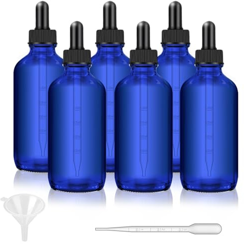 Bumobum Blaue Glas-Tropfflaschen, 120 ml, 6 Stück | UV-Schutz, abgestufte Kunststoff-Tropfer, Trichter, Etiketten und Pipette enthalten, für ätherische Öle, Seren, Tinktur
