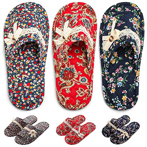 3 Pairs Floral Cotton House Slippers for Women, Open Toe Indoor Slippers Comfortable Washable Portable Foldable Guest Travel Hotel Airplane Spa Slippers (Dark Floral, 4-6.5, Adult, Women, 4, Numeric Range, US Footwear Size System, 6.5, Medium)