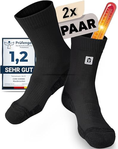 CORE GORIMO – 2 Paar – Merino Wandersocken Damen & Herren - mit Anti-Blasen Schutz - Wandersocken Herren & Damen zum Wandern, Hiking und Trekking (43-46, Schwarz)