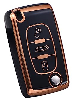 HIBEYO Autoschlüssel Hülle passt für Peugeot 207 407 308 607 Schlüsselhülle Silicone TPU Schutzhülle für Citroen C1 Picasso Berlingo C-Crosser Schlüssel tasche Schlüsseletui KLAPP 3Tasten-Gold Schwarz