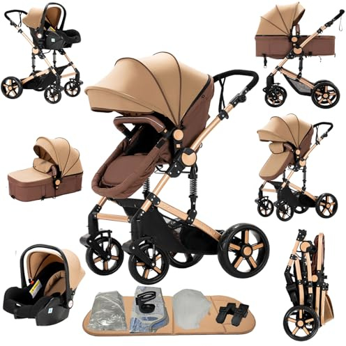 Prokoke Kinderwagen 3 in 1, Buggy mit Umkehrbarem Zwei-Wege-Schub, Kinderwagen Rahmen Aluminiumlegierung, Kombikinderwagen 3 in 1 Einem Klick Faltbar Baby Kleinkind Neugeborene (khaki 588)