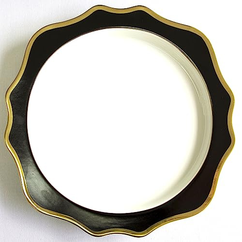Decor Essentials Plato de carga de cerámica con borde festoneado con borde dorado, vajilla de fiesta, decoración de Navidad, boda, eventos (negro/dorado)