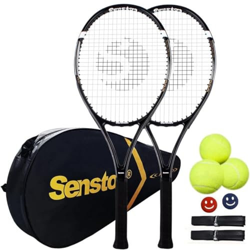 Senston Tennisschläger für Erwachsene - 68,6 cm - 2 Spieler Set mit 3 Bällen, 2 Griffen, 2 Vibrationsdämpfern, Black+ Black